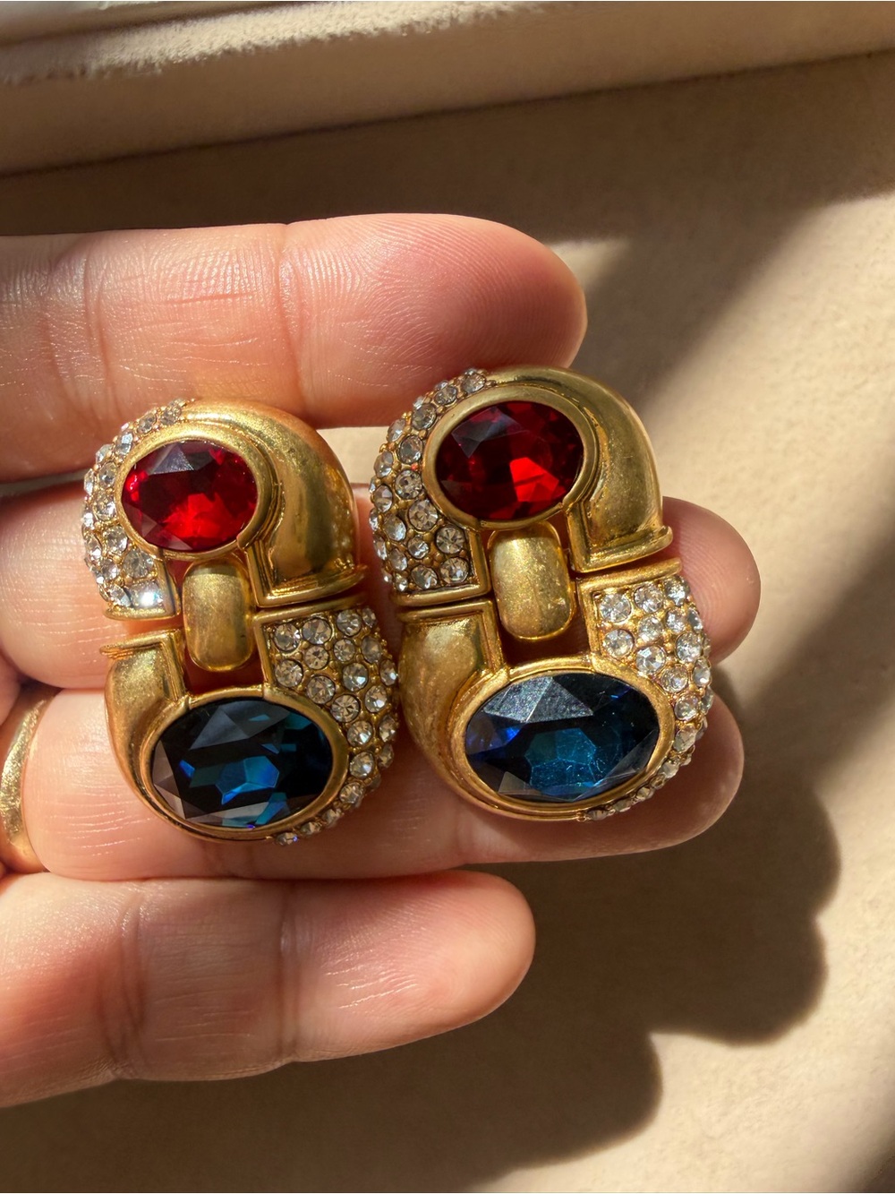 Gold-Tone Clip Earrings with Red and Blue Stones